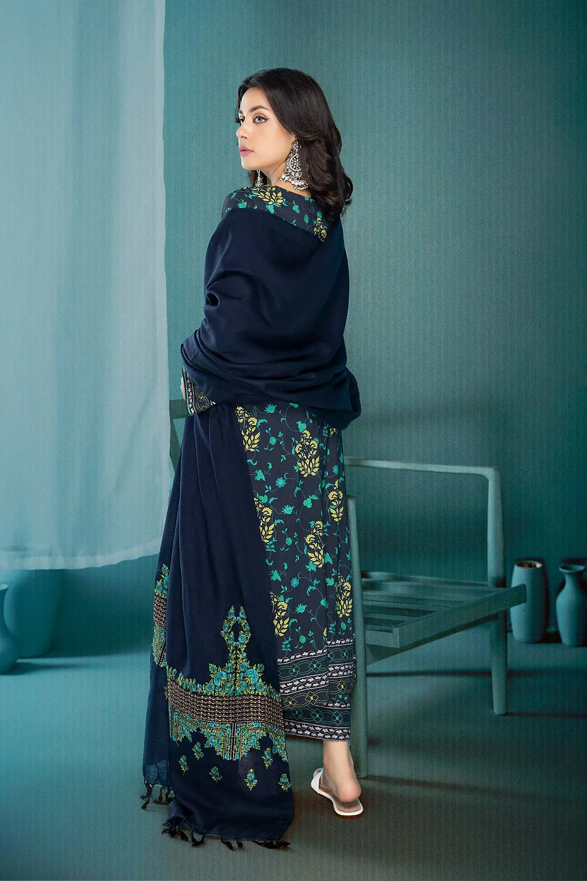 3-Pc Digital Printed Viscose Long Shirt With Pashmina Shawl and Straight Trouser CPM22-123-S