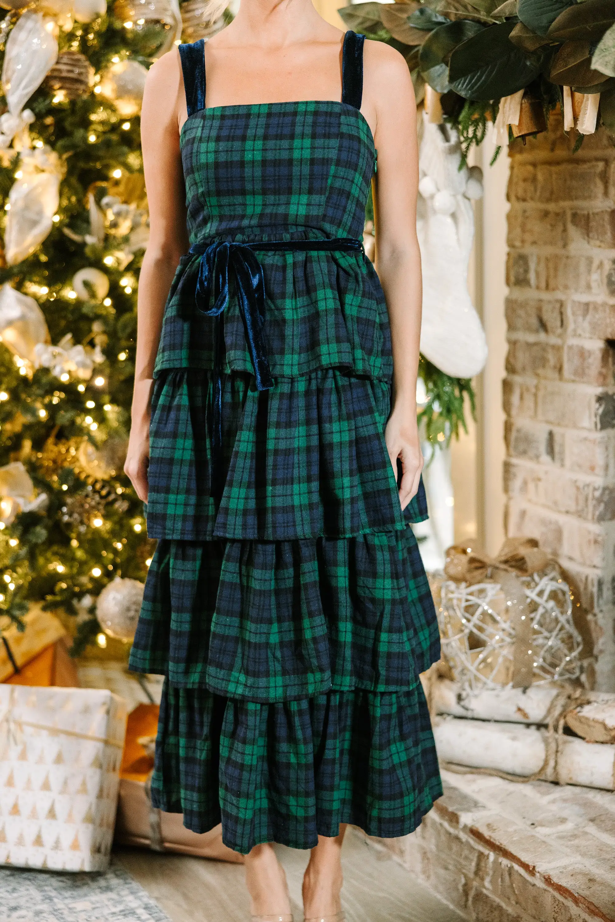 All For You Green Tartan Plaid Midi Dress