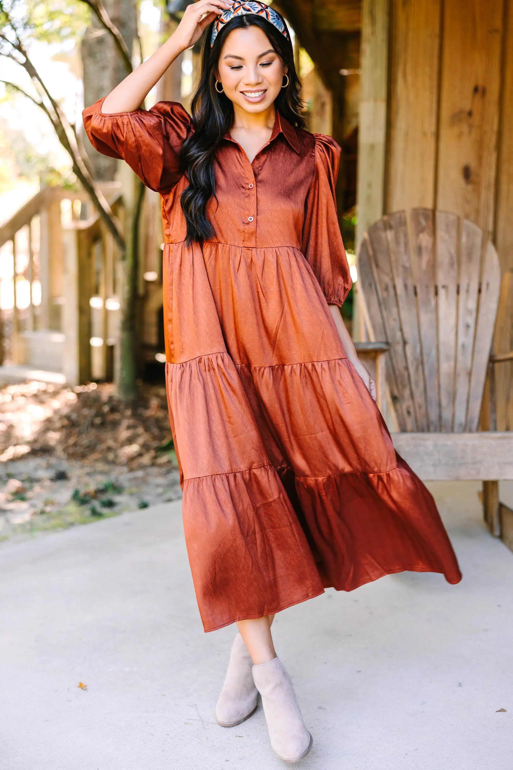 All The Love Camel Brown Satin Midi Dress