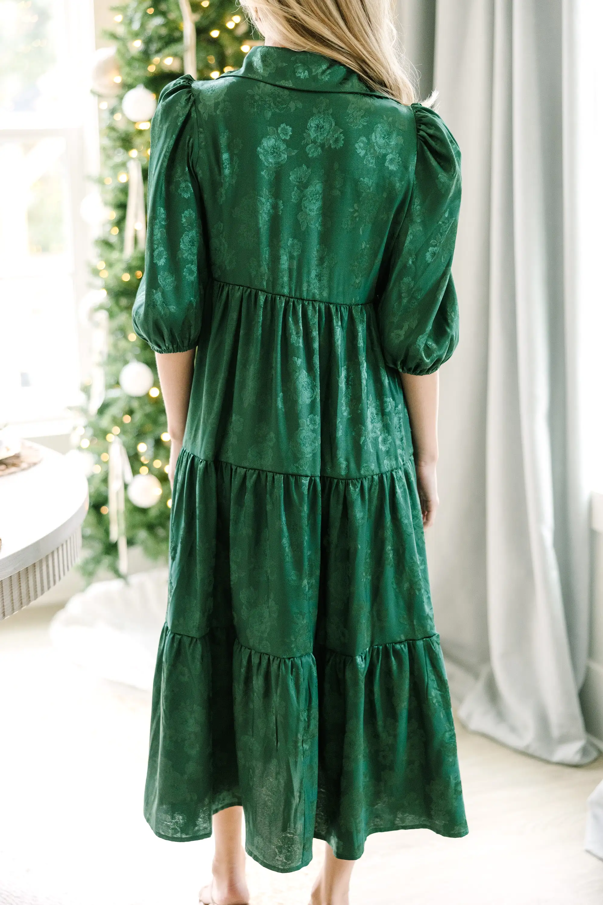 All The Love Emerald Green Floral Satin Midi Dress