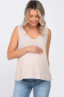 Beige Ribbed Raw Hem Maternity Tank Top