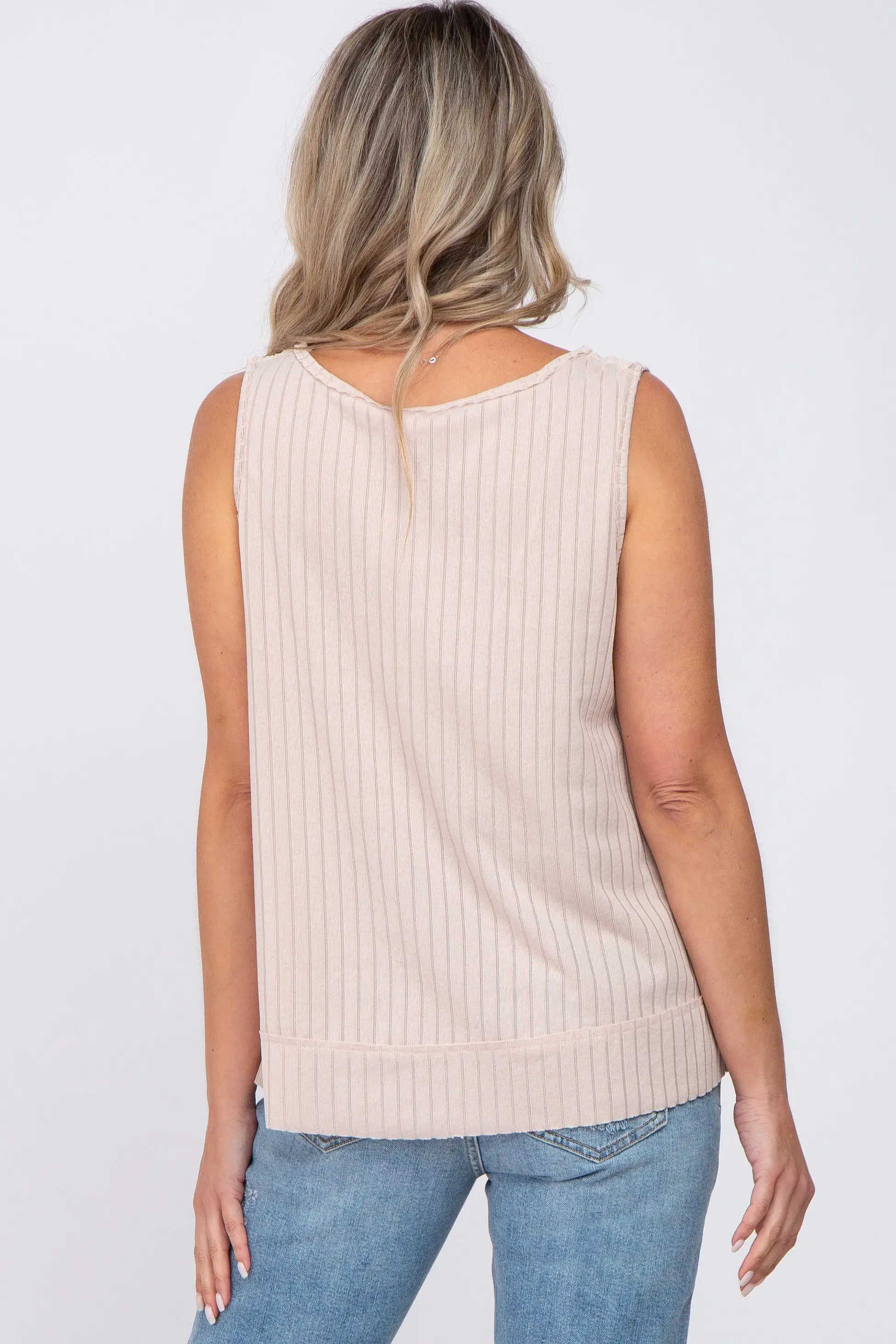 Beige Ribbed Raw Hem Maternity Tank Top