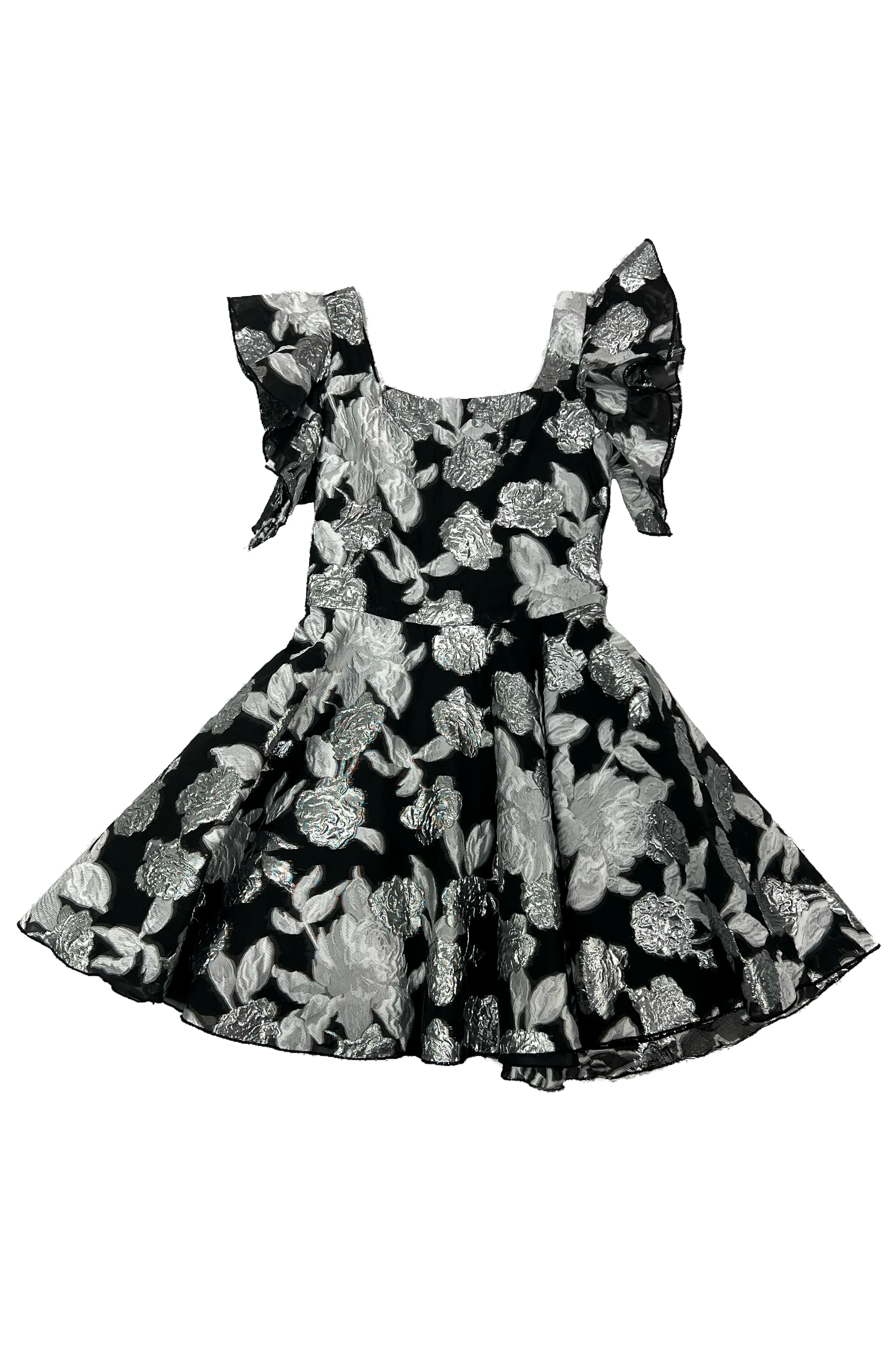 Black and silver floral ruffle sleeve dress