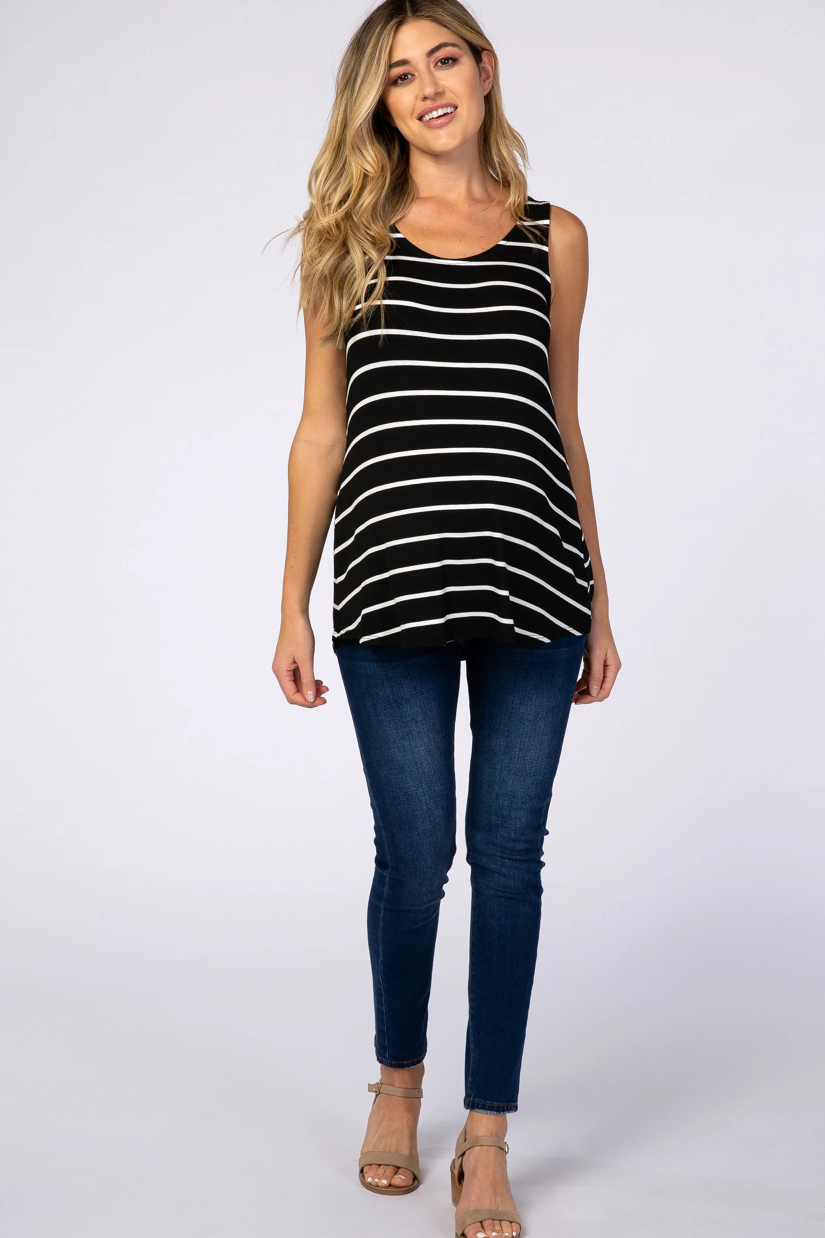 Black Striped Round Neck Maternity Tank Top