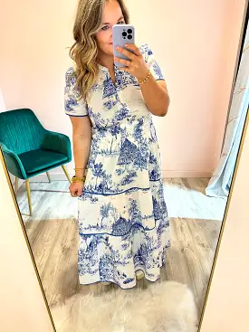 Blue Toile Printed Dress Midi