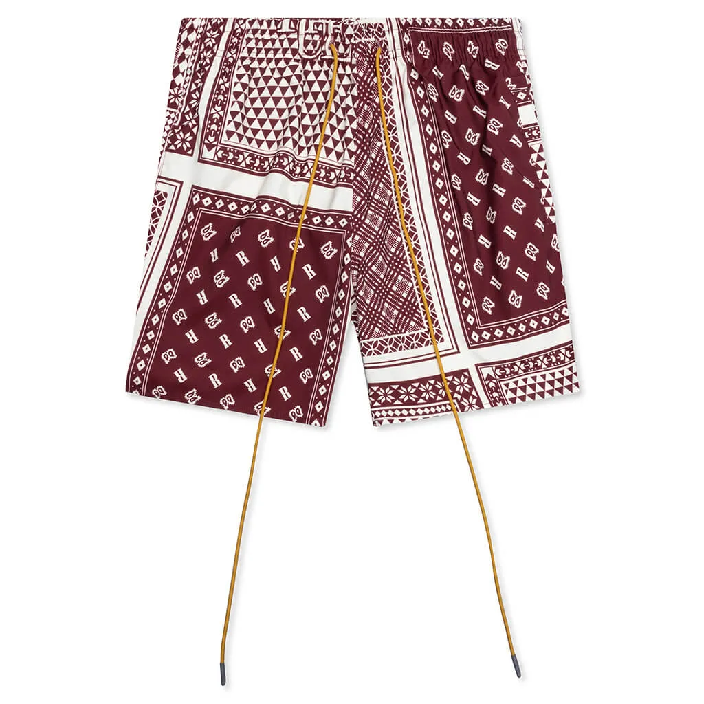 Card Print Swim Short - Maroon/White