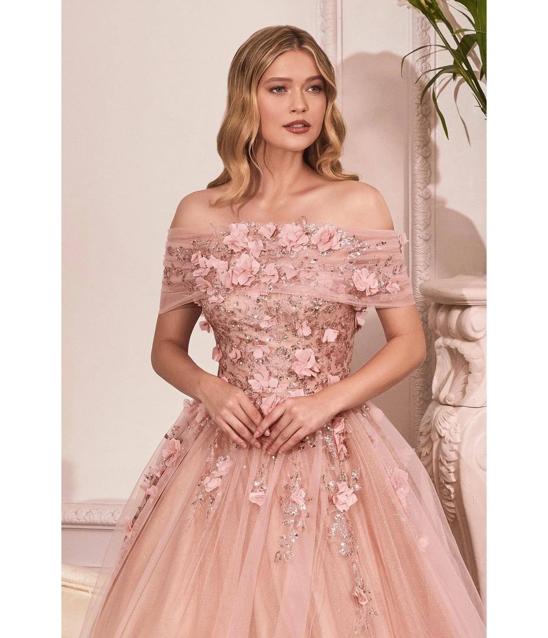 Cinderella Divine  Blush & Rose Gold Off The Shoulder Magical Glitter Bridesmaid Ball Gown