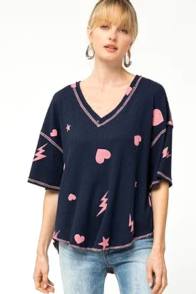 Entro Waffle Knit Short Sleeve Top with Hearts