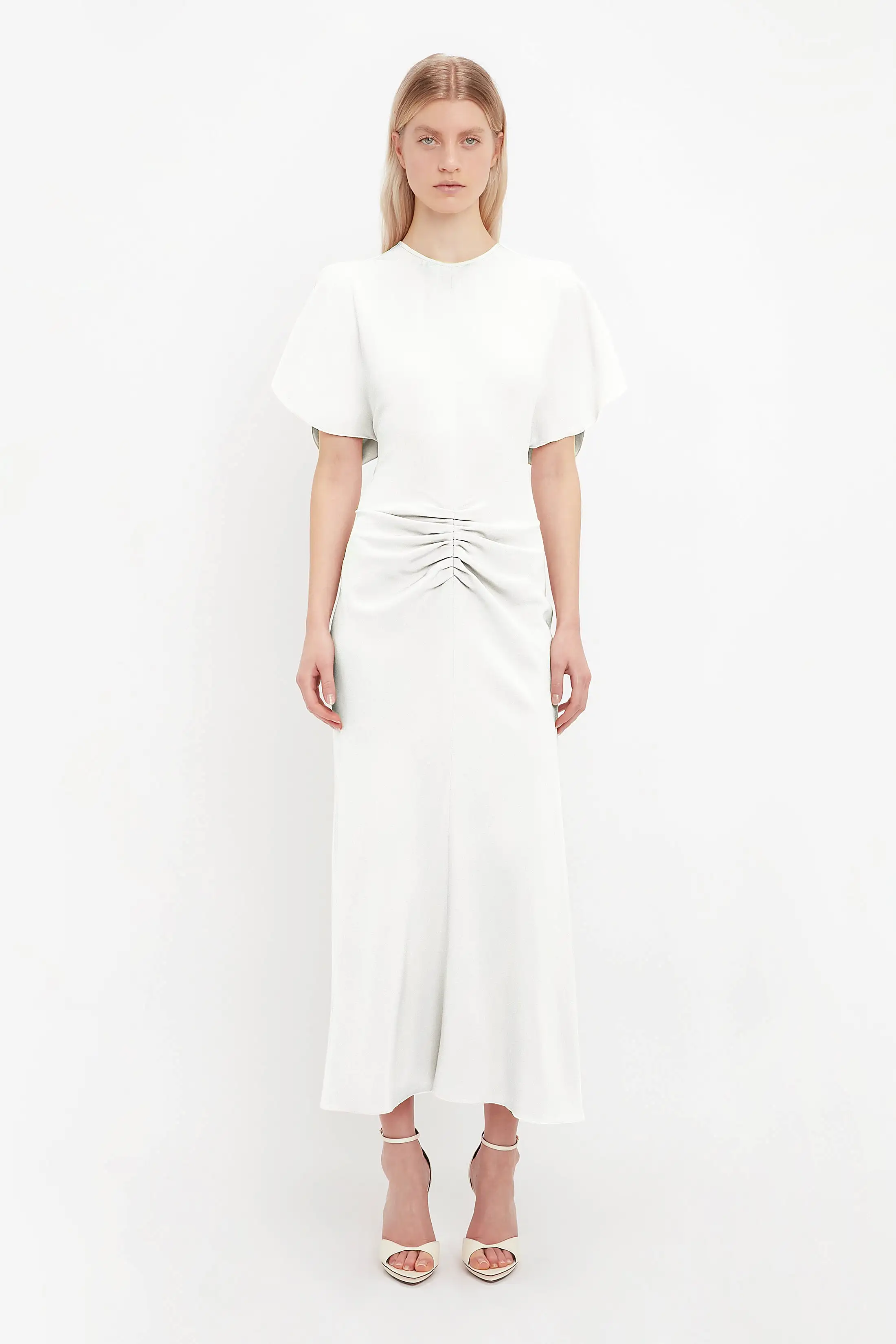 Exclusive Gathered Waist Midi Dress In Ivory