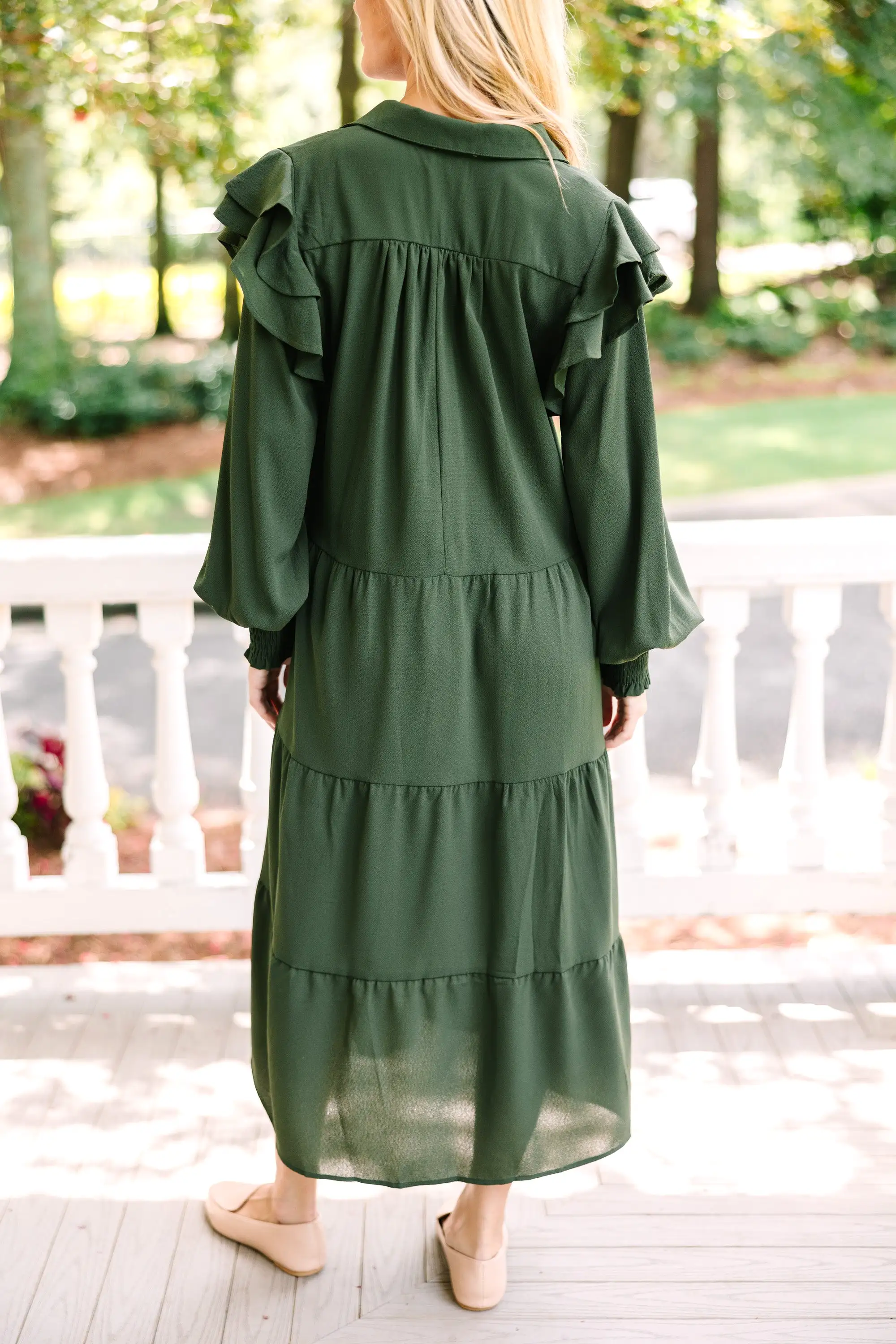 Feeling The Fun Olive Green Ruffled Midi Dress