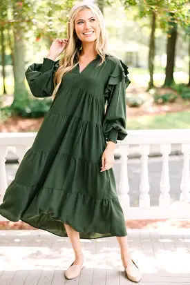 Feeling The Fun Olive Green Ruffled Midi Dress