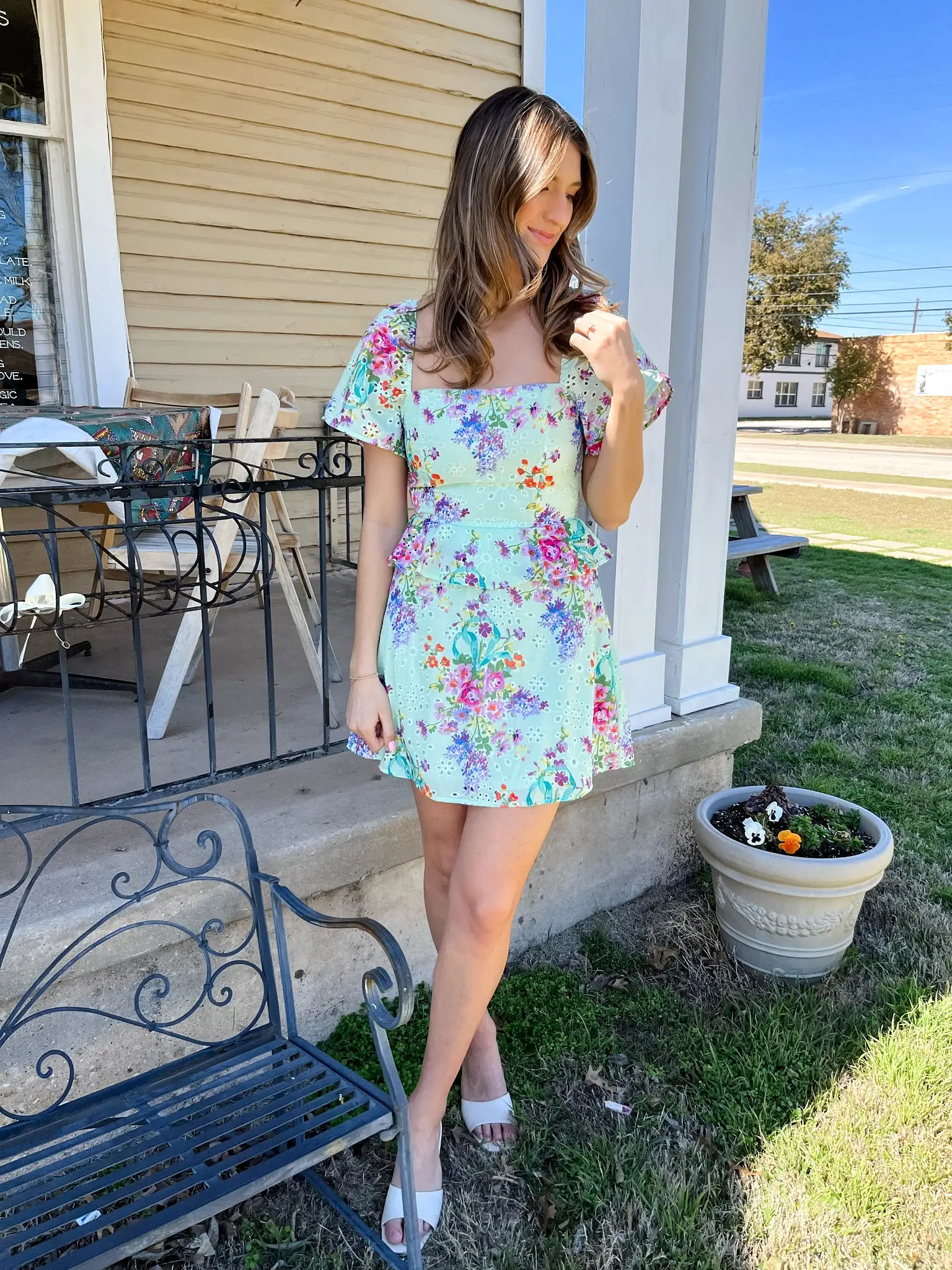 Floral Printed Eyelet Dress- Mint