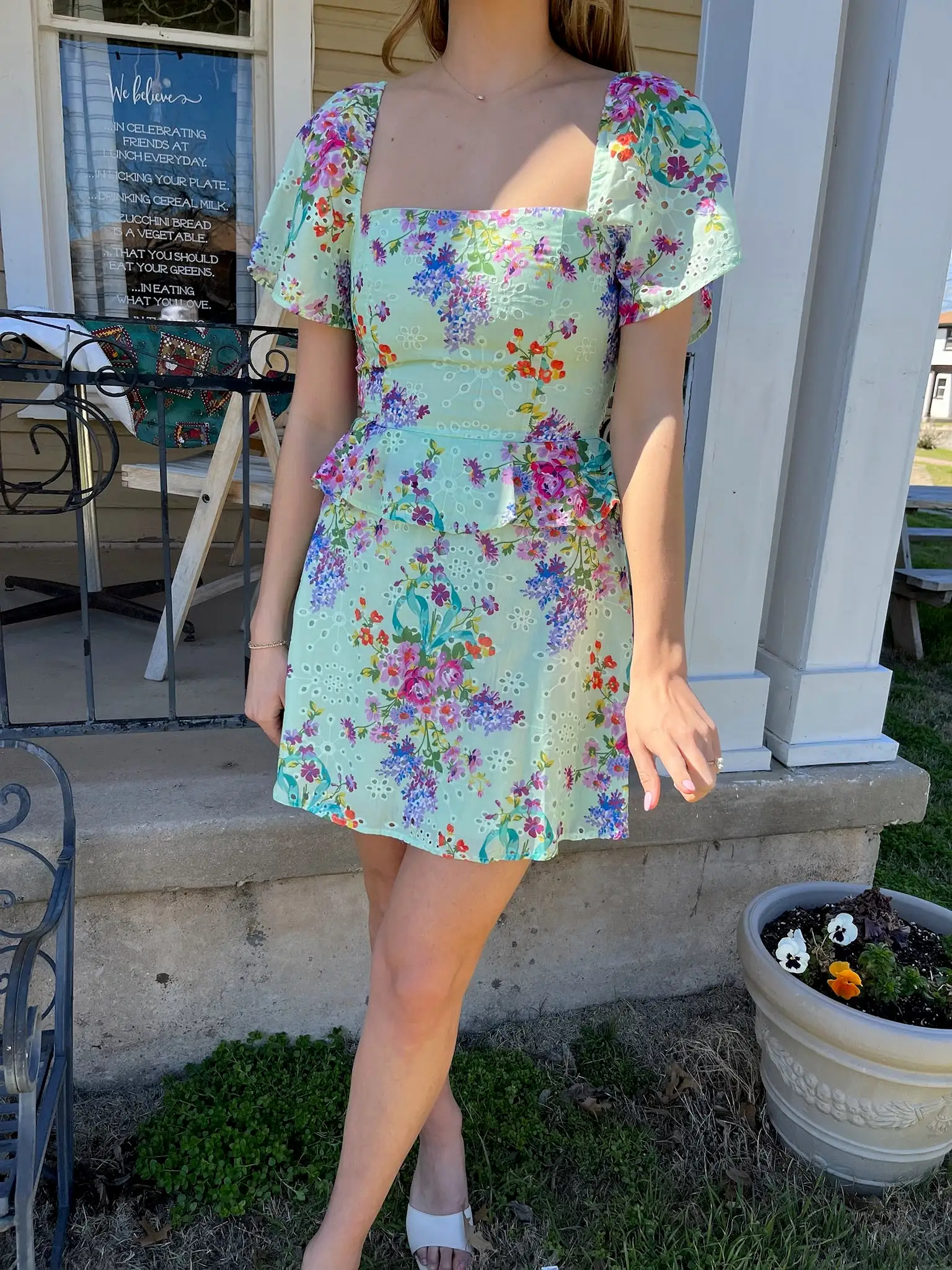 Floral Printed Eyelet Dress- Mint