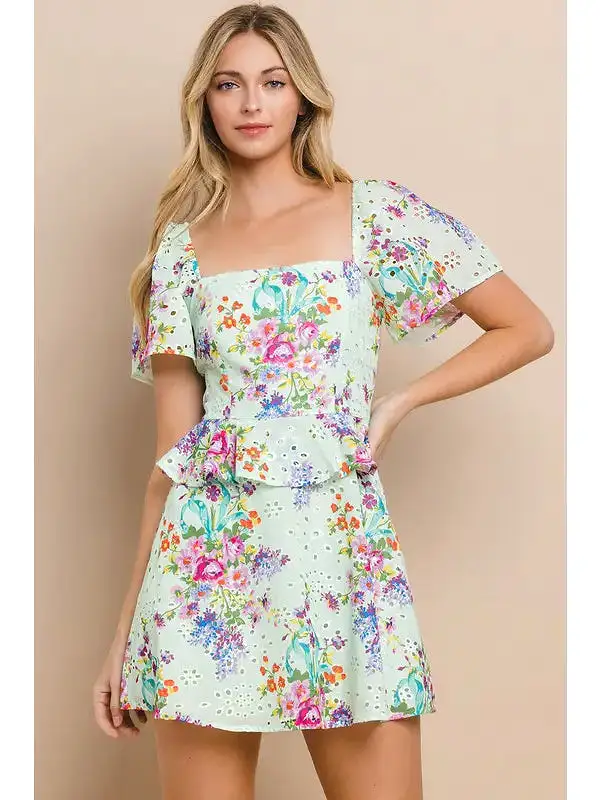 Floral Printed Eyelet Dress- Mint