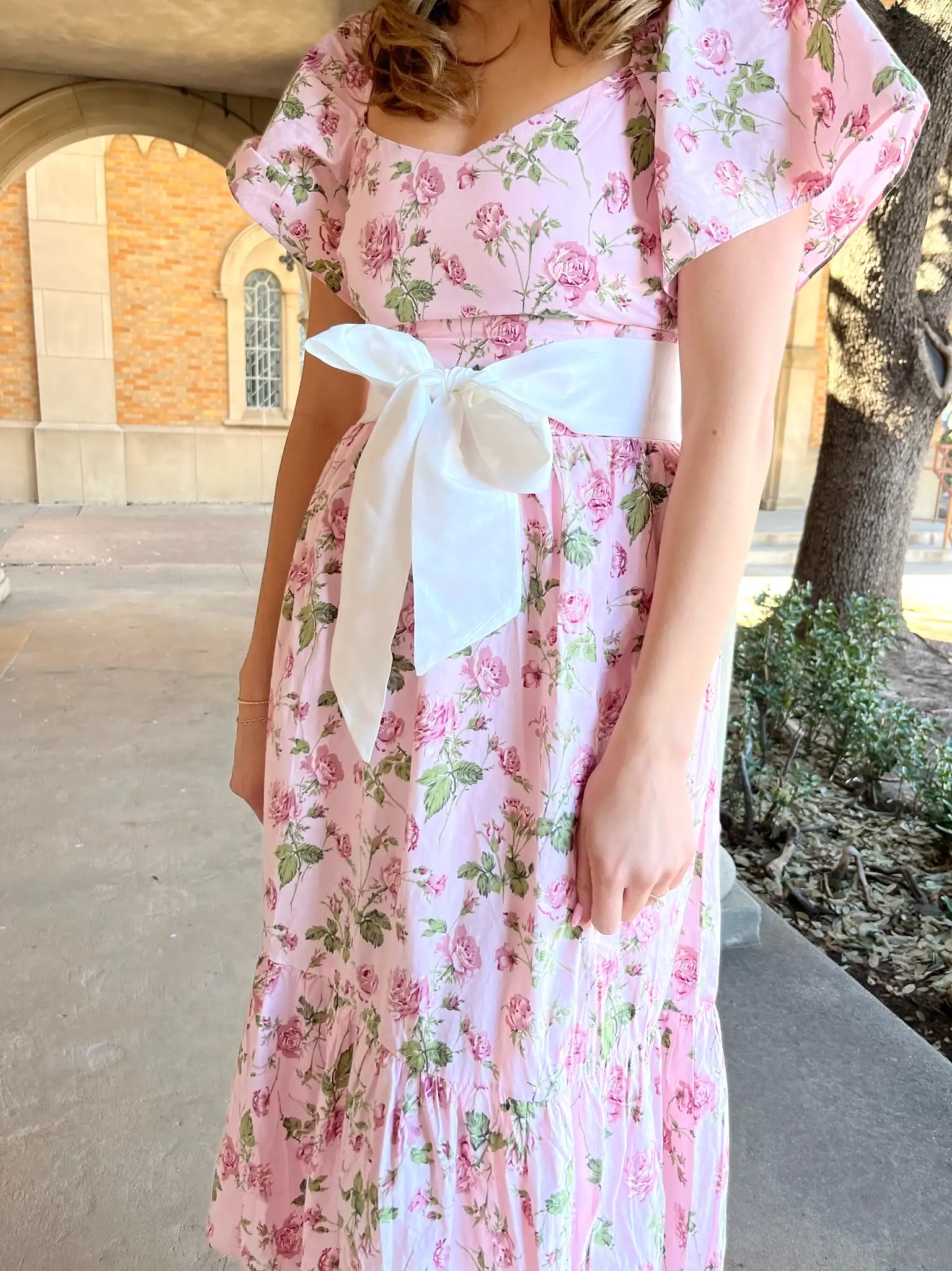 Floral Printed Flutter Sleeves Dress- Pink