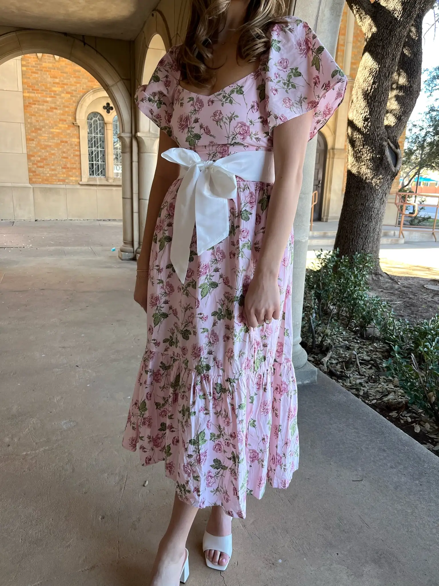 Floral Printed Flutter Sleeves Dress- Pink