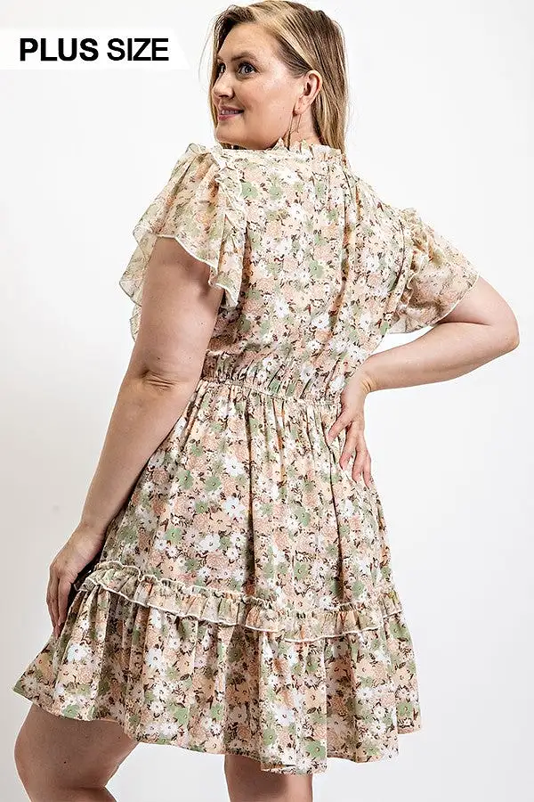 Floral Printed Ruffle Detail Dress With Elastic Waist