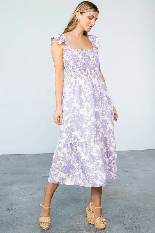 Floral Smocked Maxi Dress - Purple