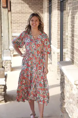 Full of Bloom Balloon Sleeve Floral Midi Wrap Dress