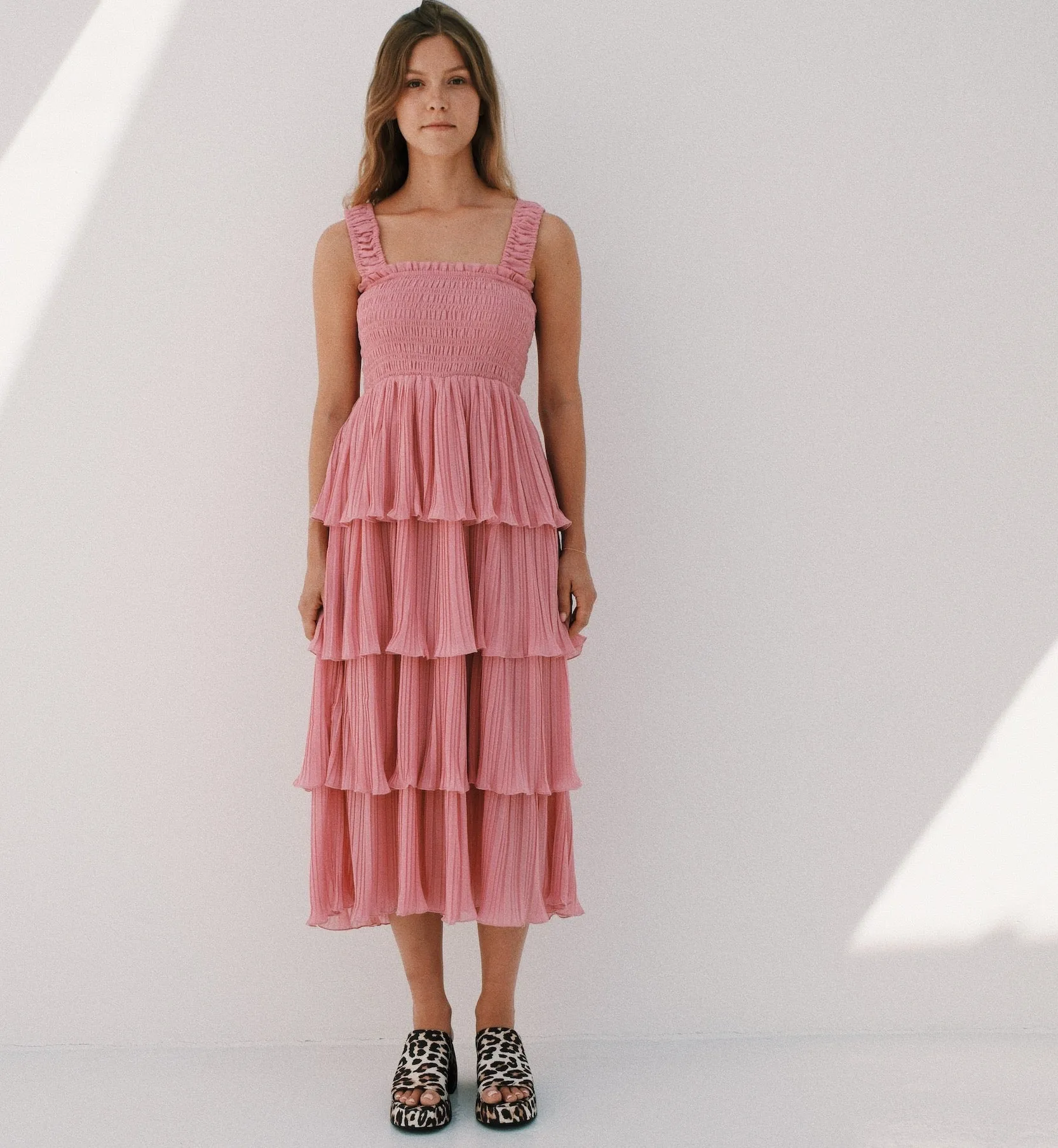 GANNI Pink Pleated Georgette Midi Strap Dress