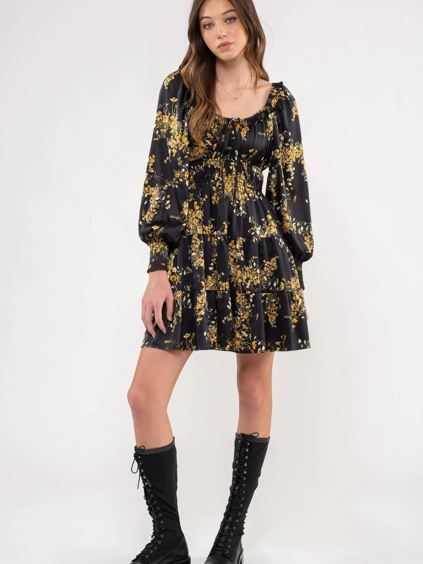 Golden Floral Tiered Dress