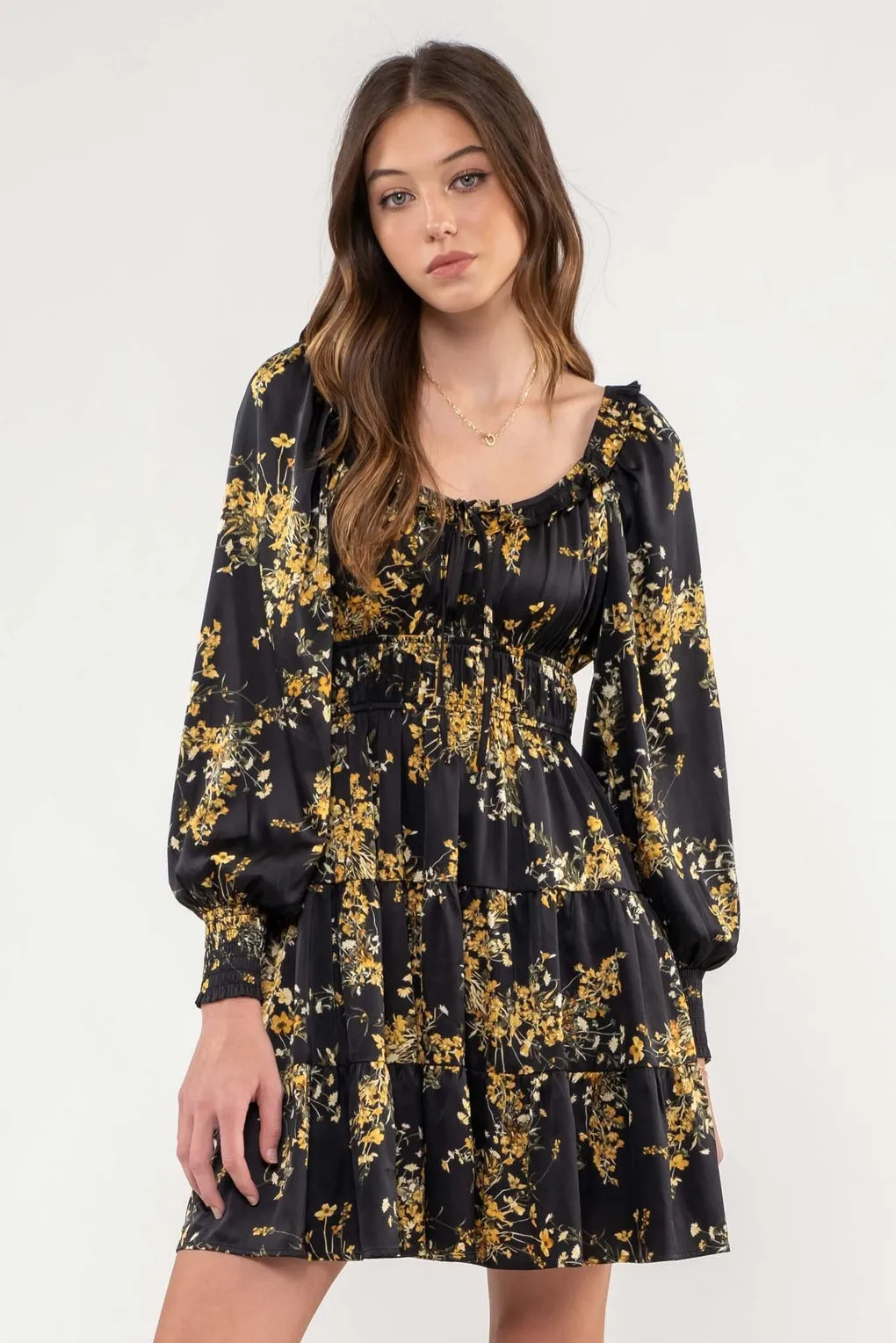 Golden Floral Tiered Dress