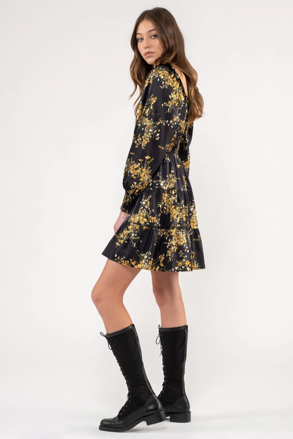 Golden Floral Tiered Dress