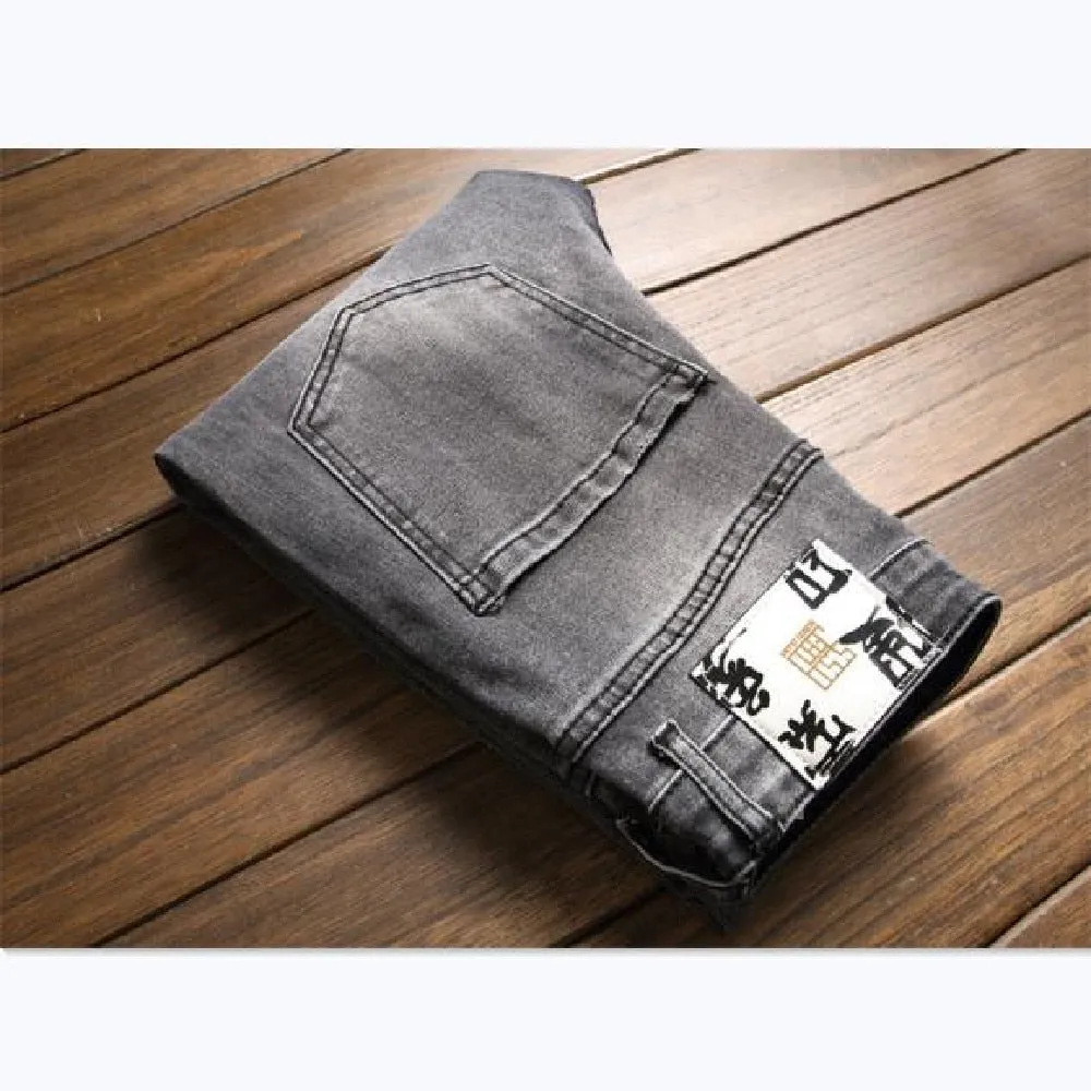 Gray European American Style Distressed Stretch Skinny Jeans for Men