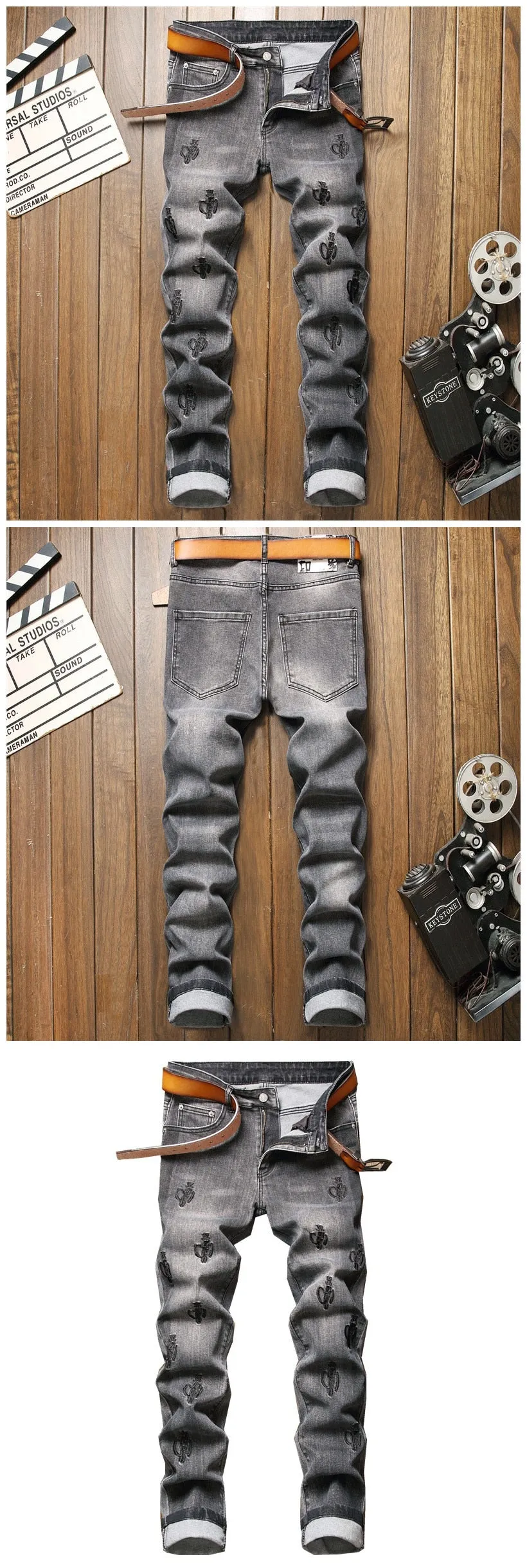 Gray European American Style Distressed Stretch Skinny Jeans for Men