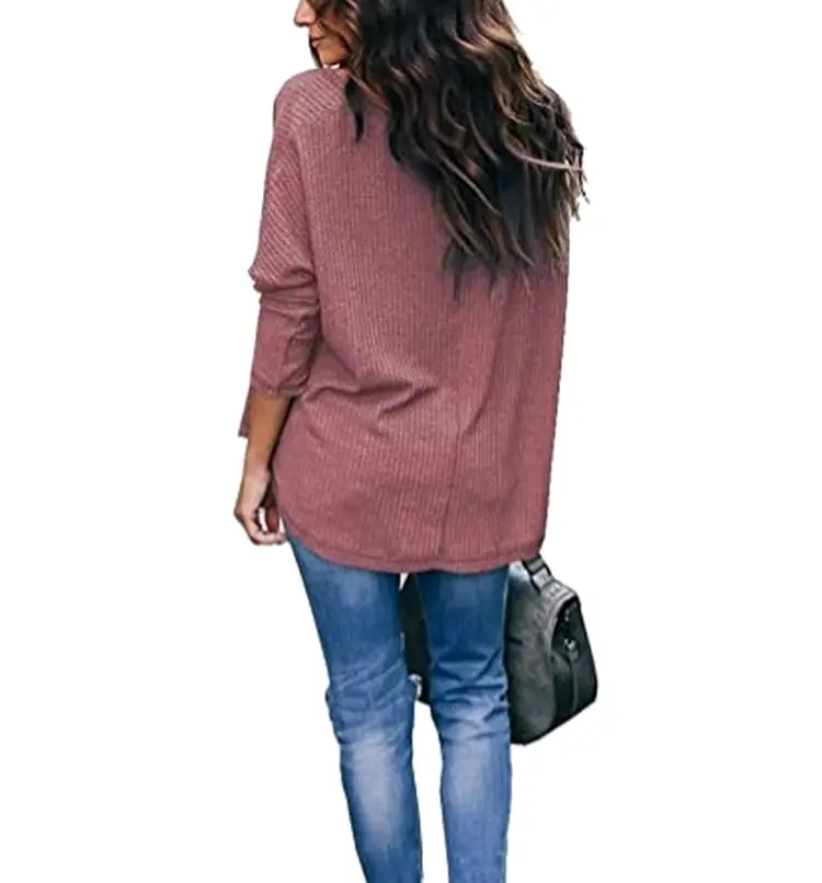 HauteEdition Slouchy Waffle Knit V-Neck Long Sleeve Tee