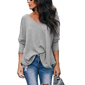 HauteEdition Slouchy Waffle Knit V-Neck Long Sleeve Tee