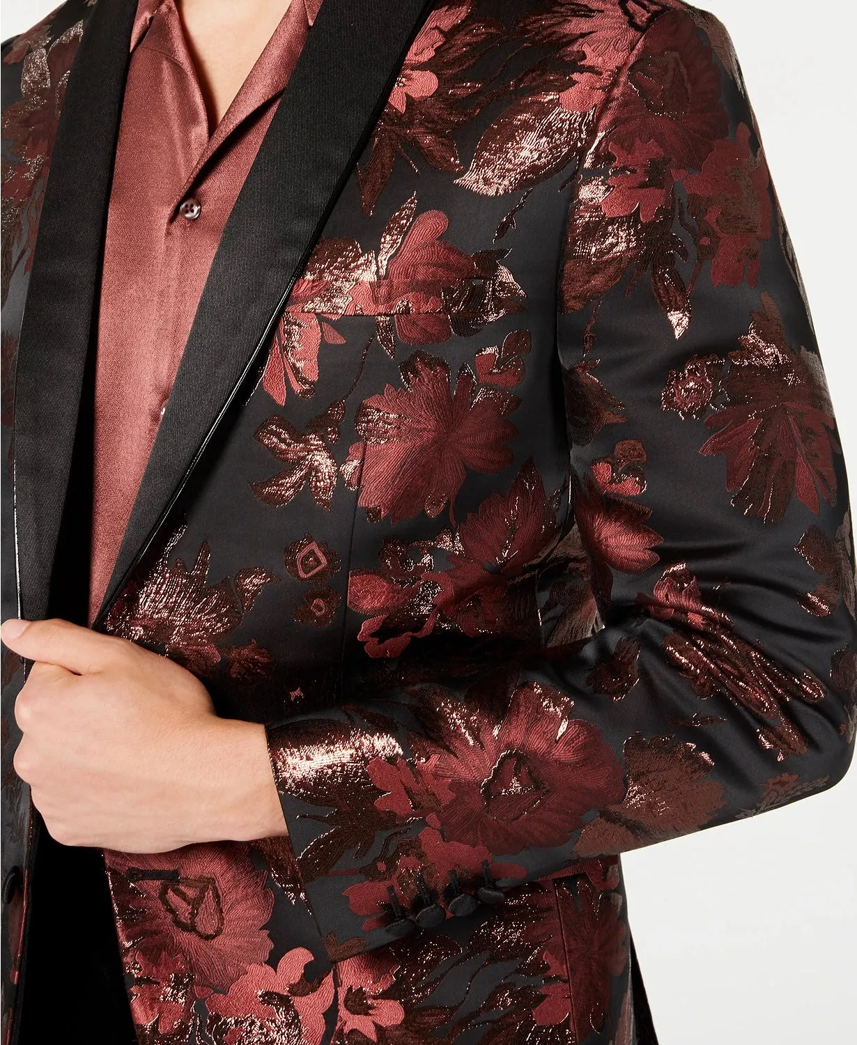 INC International Concepts Men's Slim-Fit Rust Jacquard Floral Blazer Brown Size Large