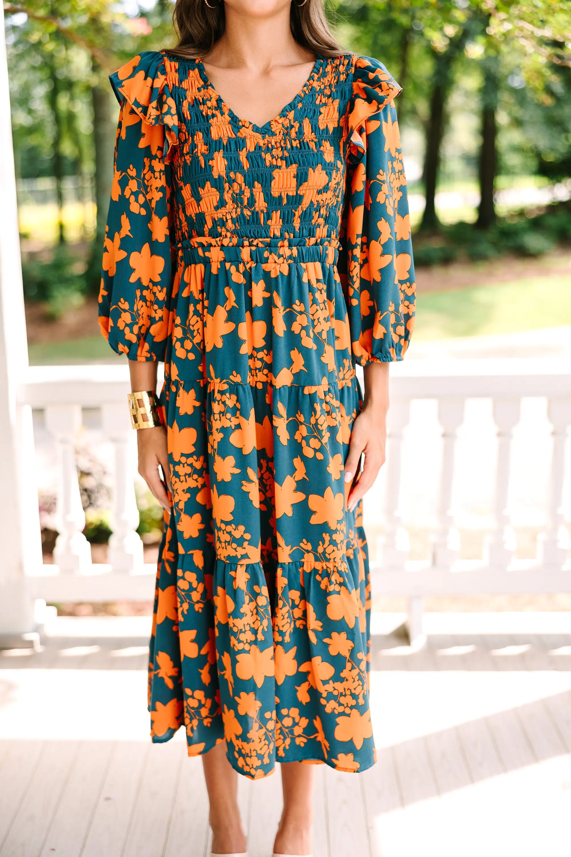 Just For Me Teal Blue Floral Midi Dress