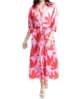 Karlie Satin Palm Floral Knot Shirt Dress In Pink/cherry