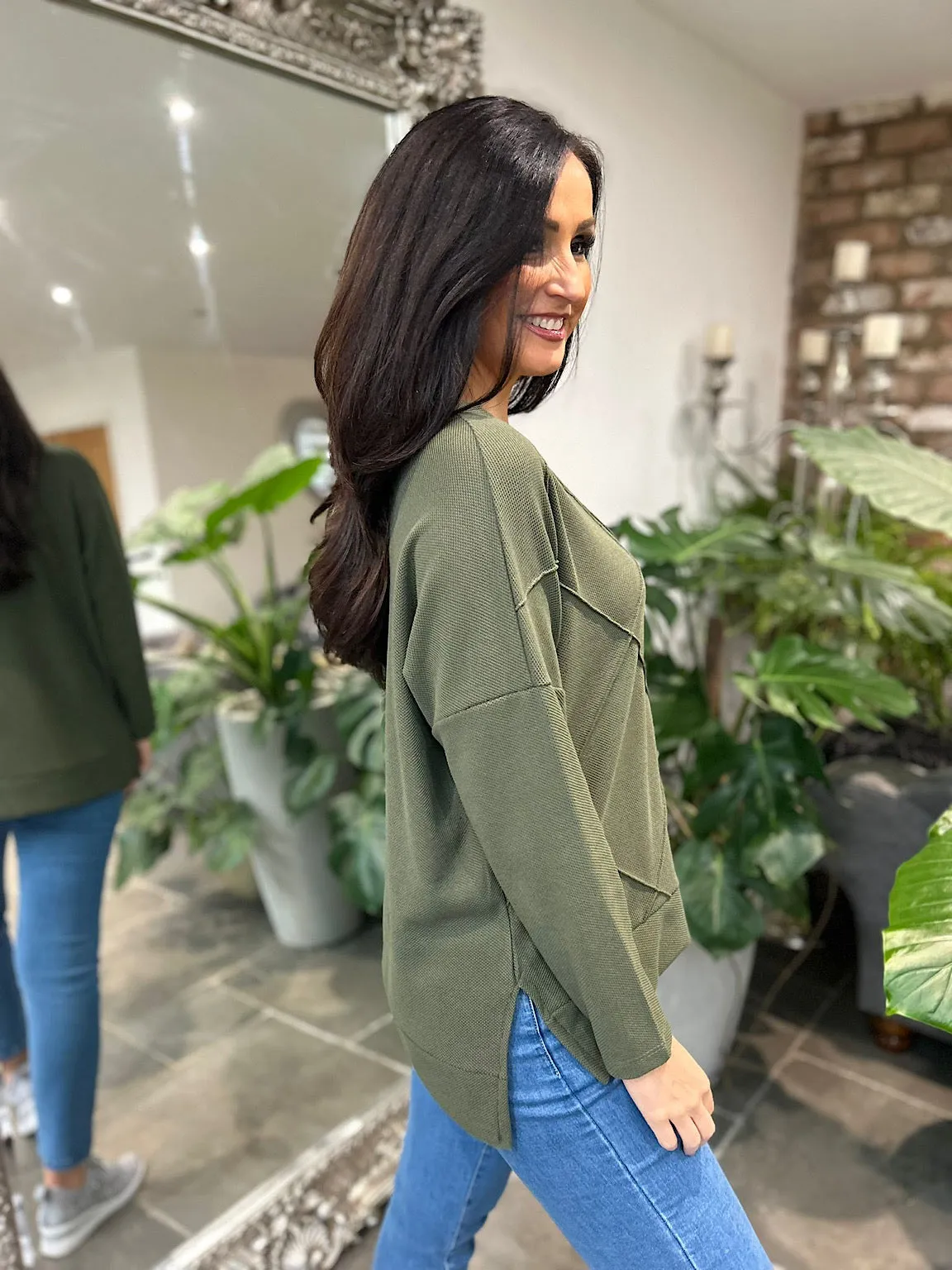 Khaki Reverse Seam Round Neck Knit Simone