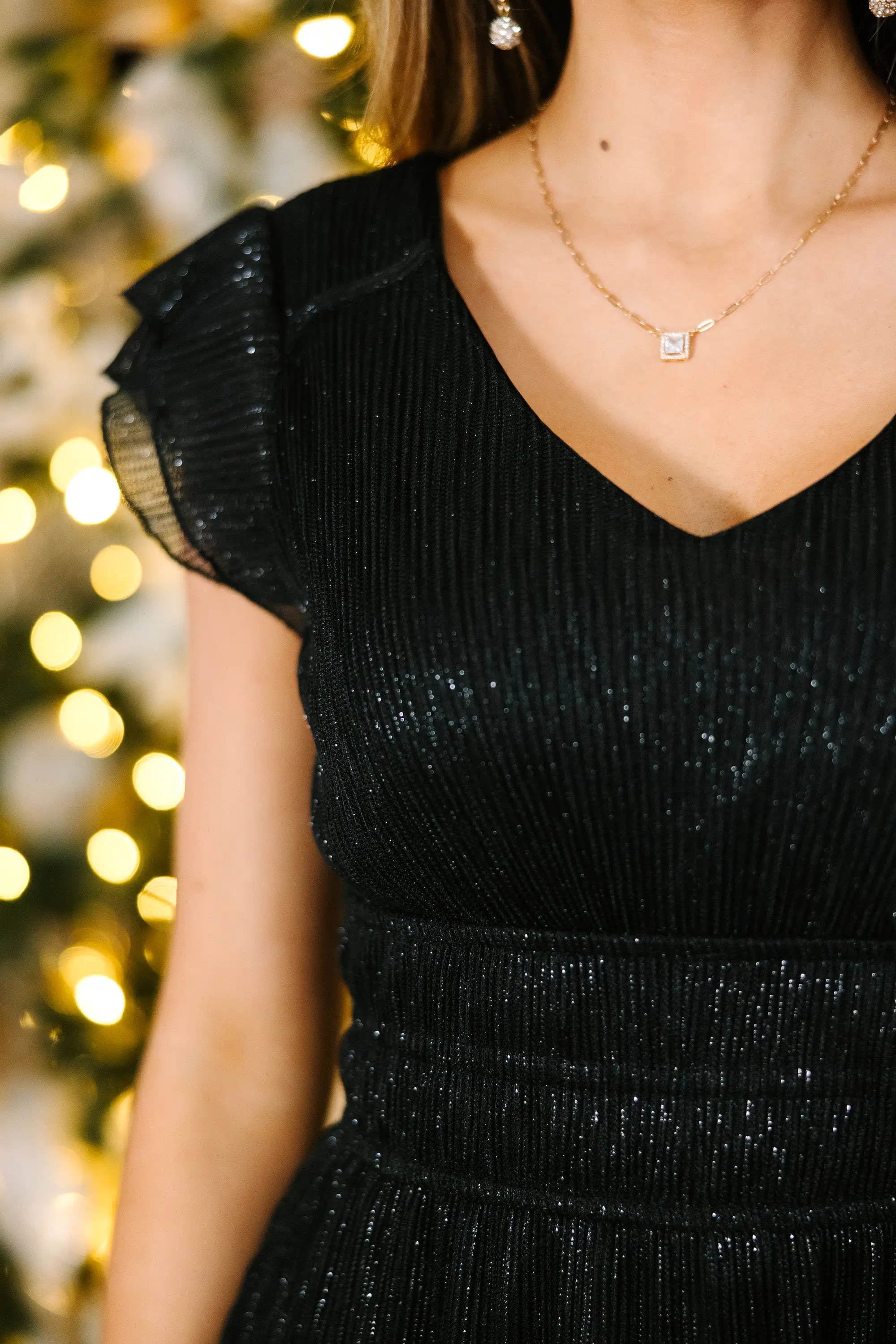 Let Your Light Shine Black Glittery Midi Dress