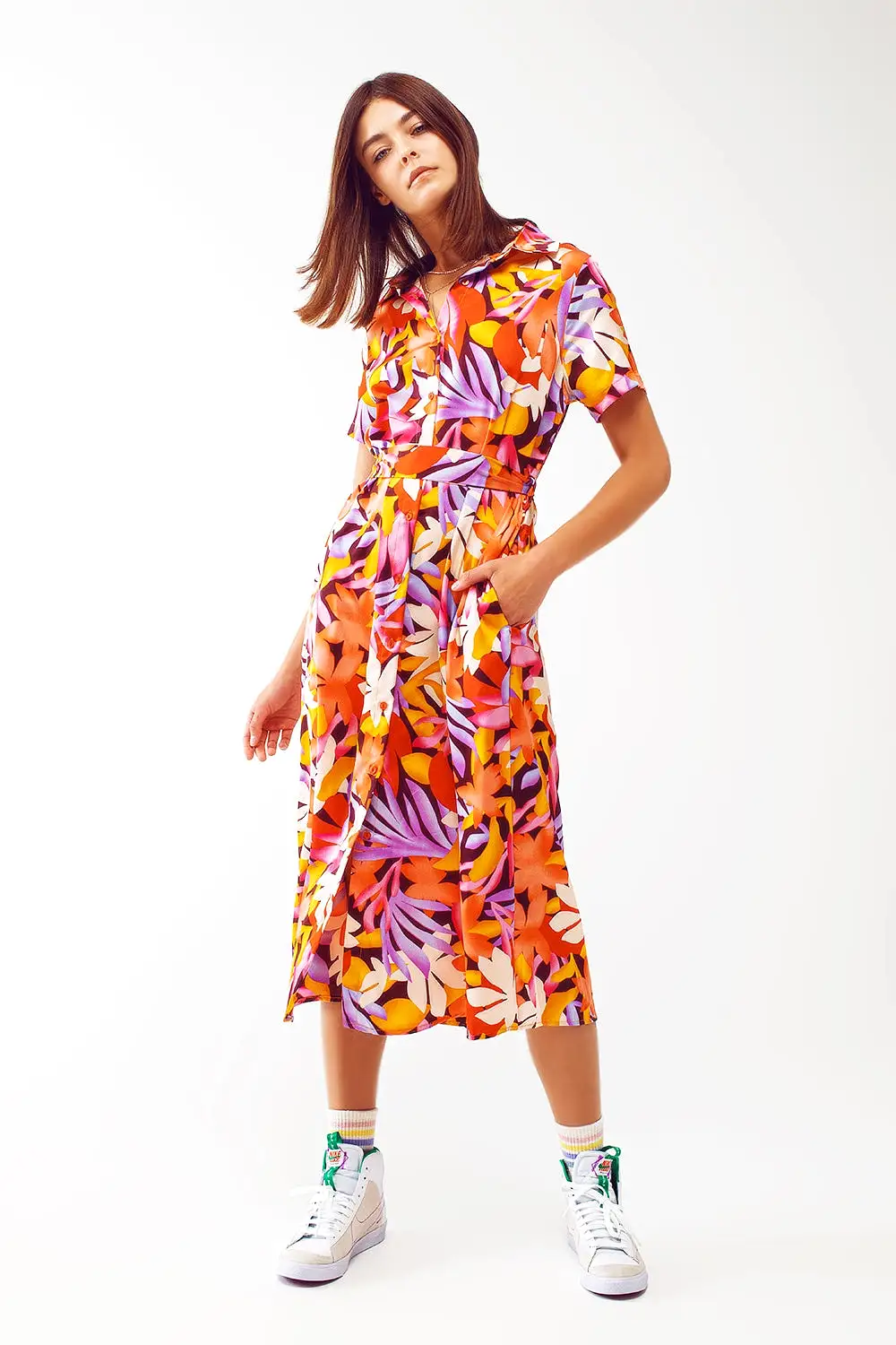 Midi Floral Print Dress in Multicolour