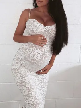 Momnfancy White Lace Spaghetti Strap Bodycon Fitted V-neck Cami Maternity Elegant Babyshower party Midi Dress