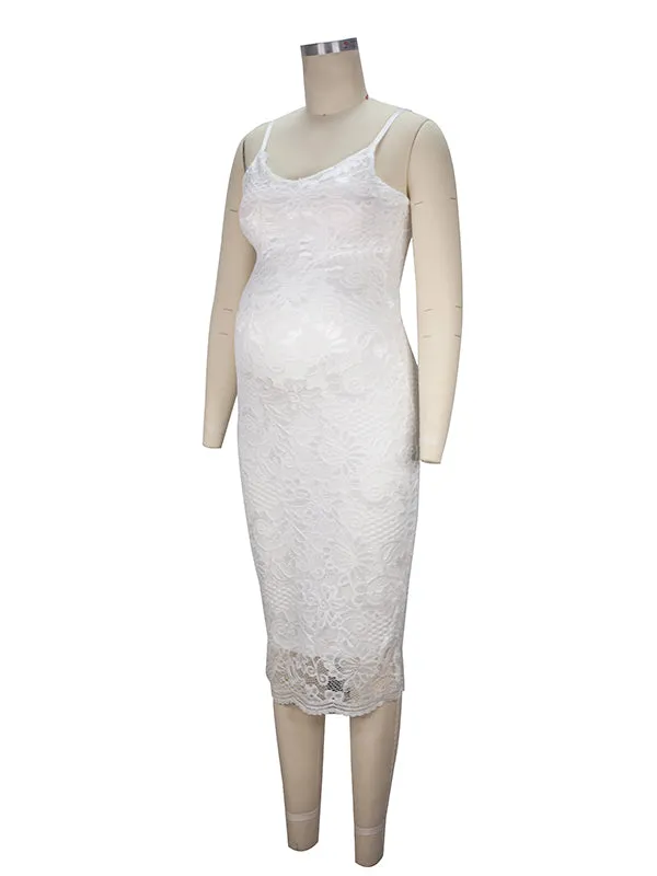 Momnfancy White Lace Spaghetti Strap Bodycon Fitted V-neck Cami Maternity Elegant Babyshower party Midi Dress