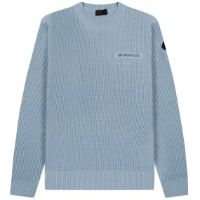 Moncler Matt Black Reflective Logo Waffle Stitch Crewneck Knit Light Blue