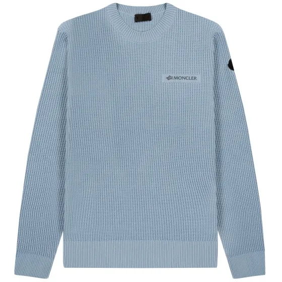 Moncler Matt Black Reflective Logo Waffle Stitch Crewneck Knit Light Blue