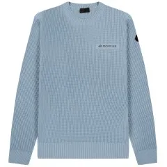 Moncler Matt Black Reflective Logo Waffle Stitch Crewneck Knit Light Blue