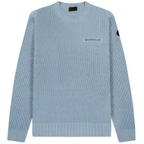 Moncler Matt Black Reflective Logo Waffle Stitch Crewneck Knit Light Blue