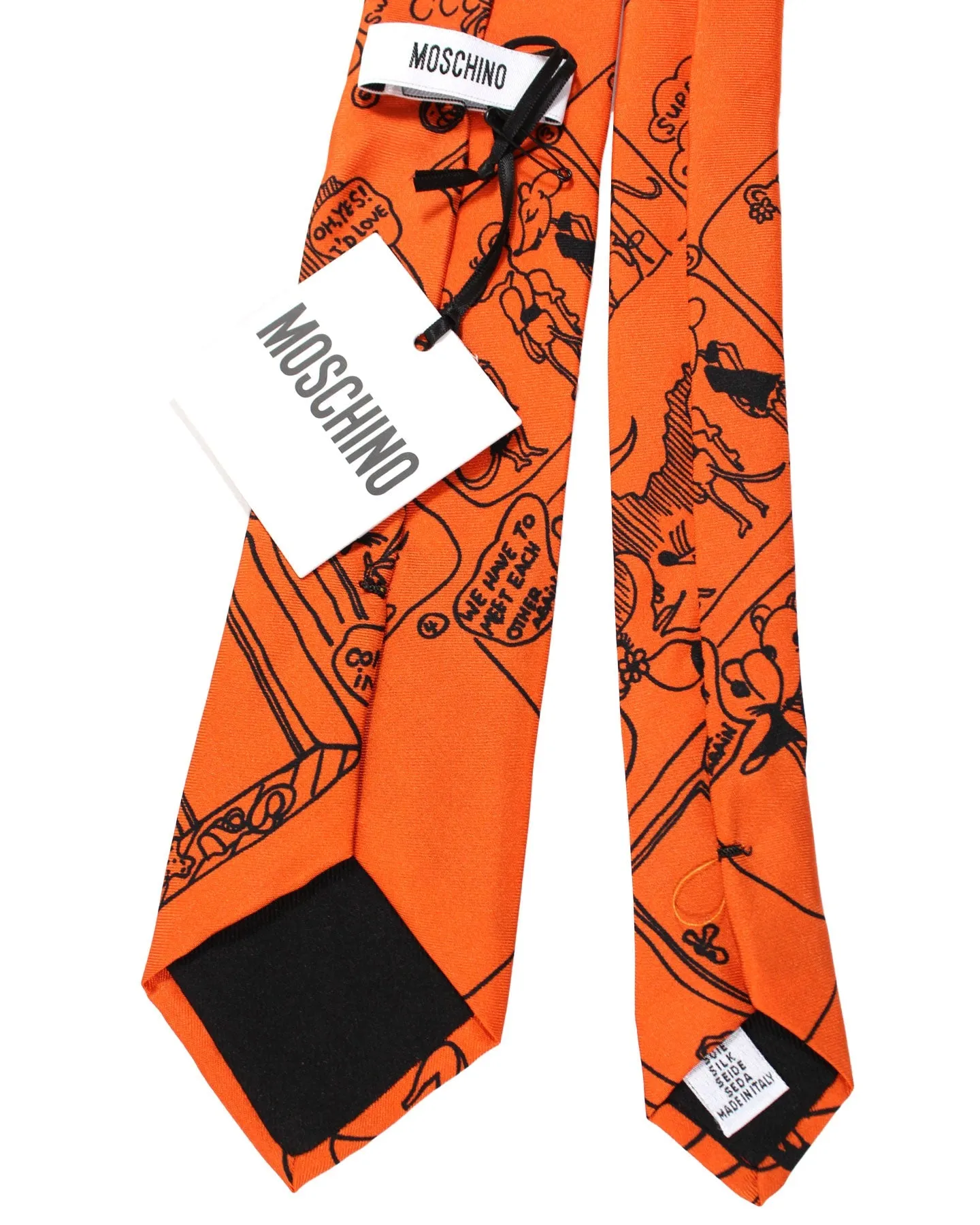 Moschino Silk Tie Orange Novelty Graphic Design - Designer Necktie SALE