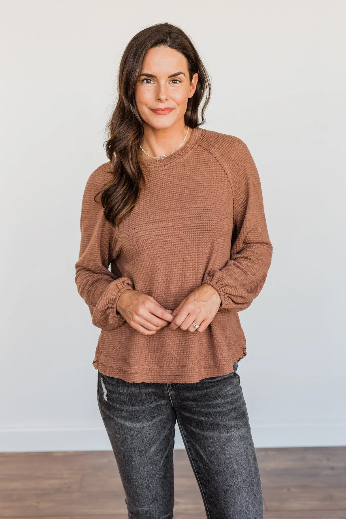 Out Of The Woods Waffle Knit Long Sleeve Top- Brown