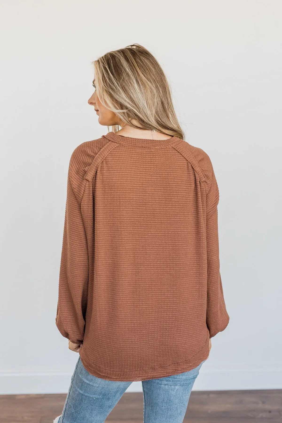 Out Of The Woods Waffle Knit Long Sleeve Top- Brown