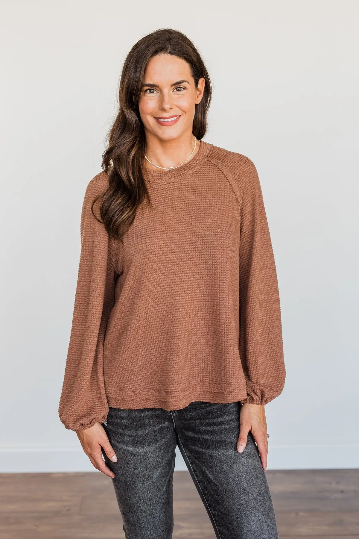 Out Of The Woods Waffle Knit Long Sleeve Top- Brown