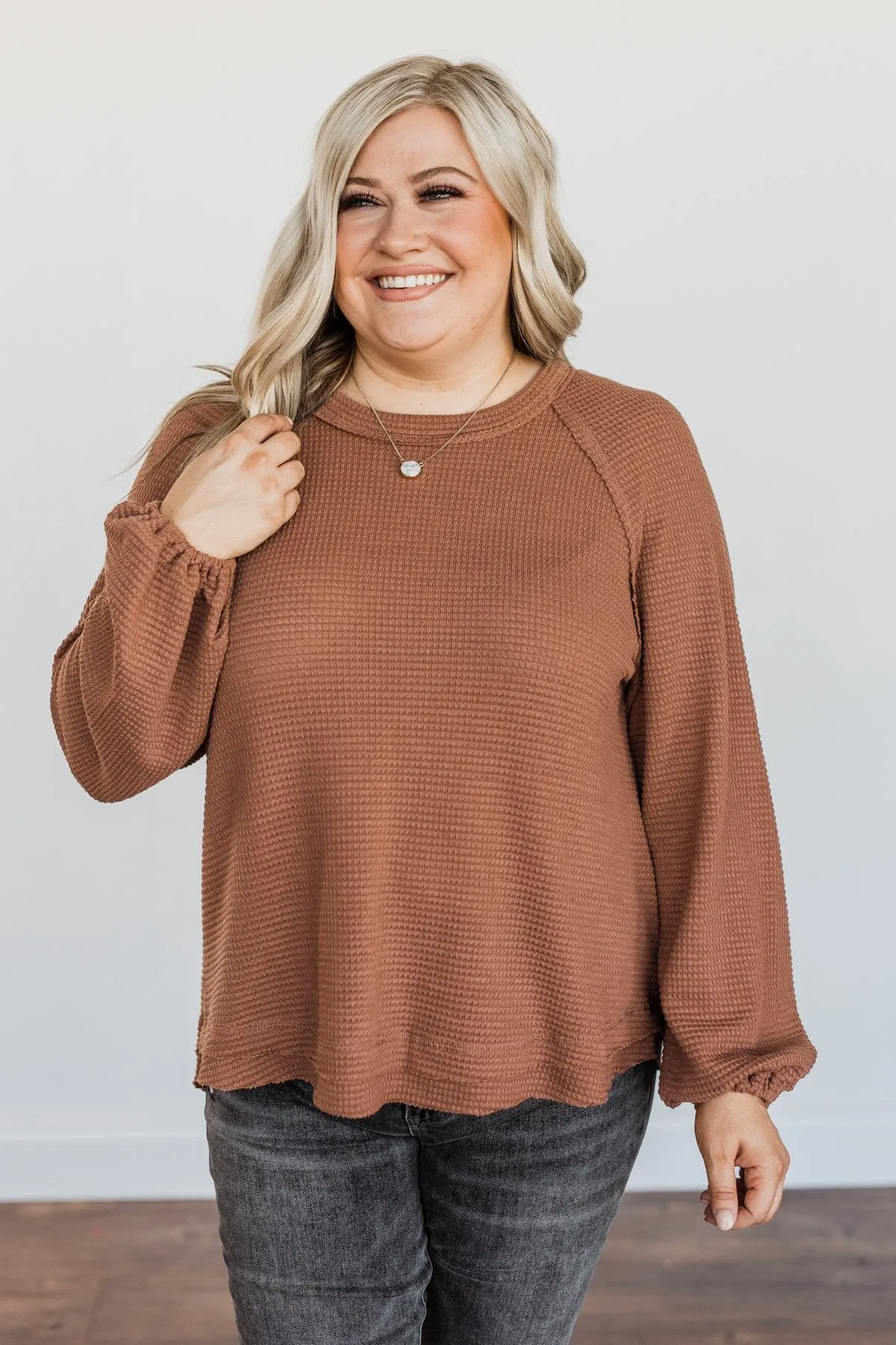 Out Of The Woods Waffle Knit Long Sleeve Top- Brown