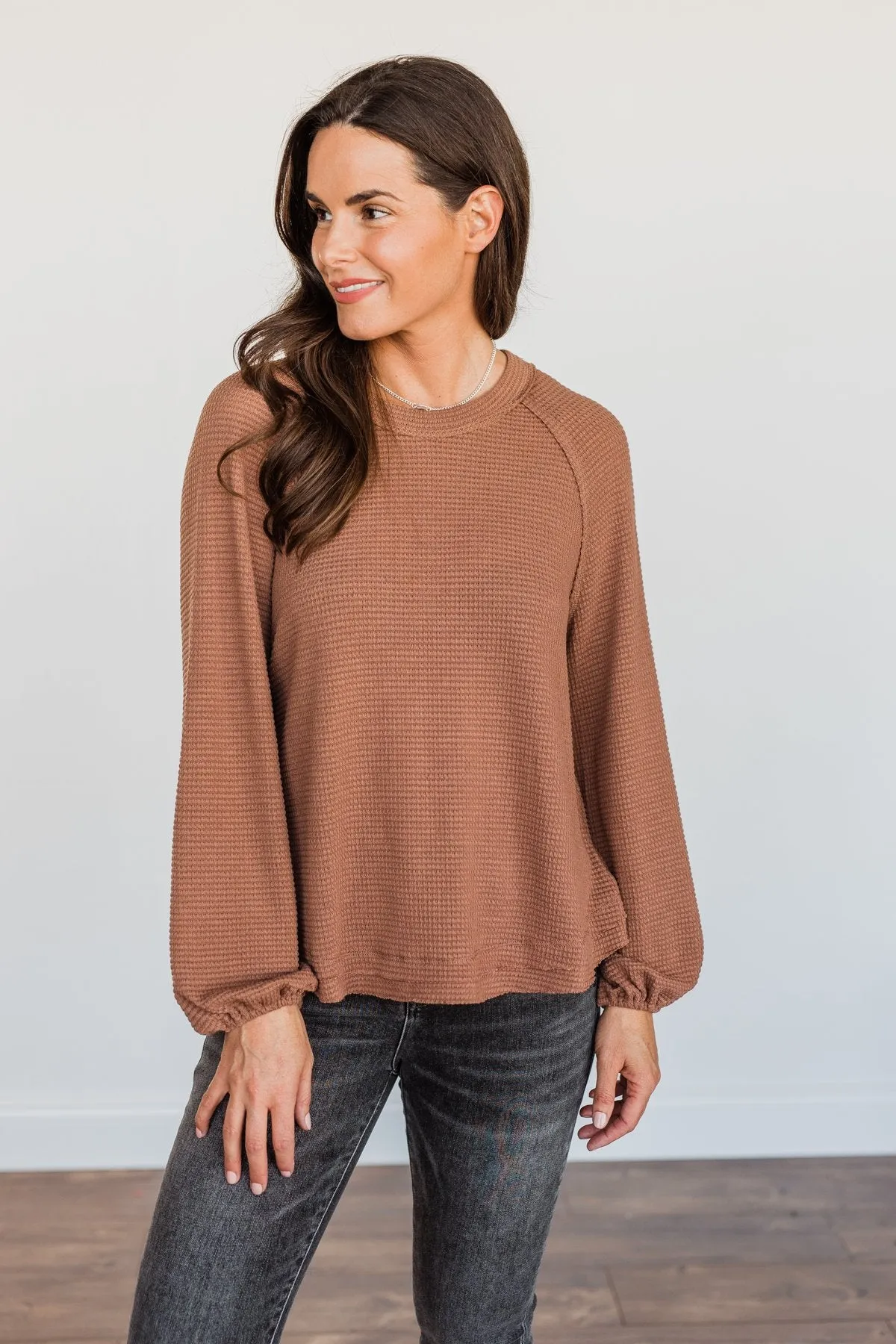 Out Of The Woods Waffle Knit Long Sleeve Top- Brown