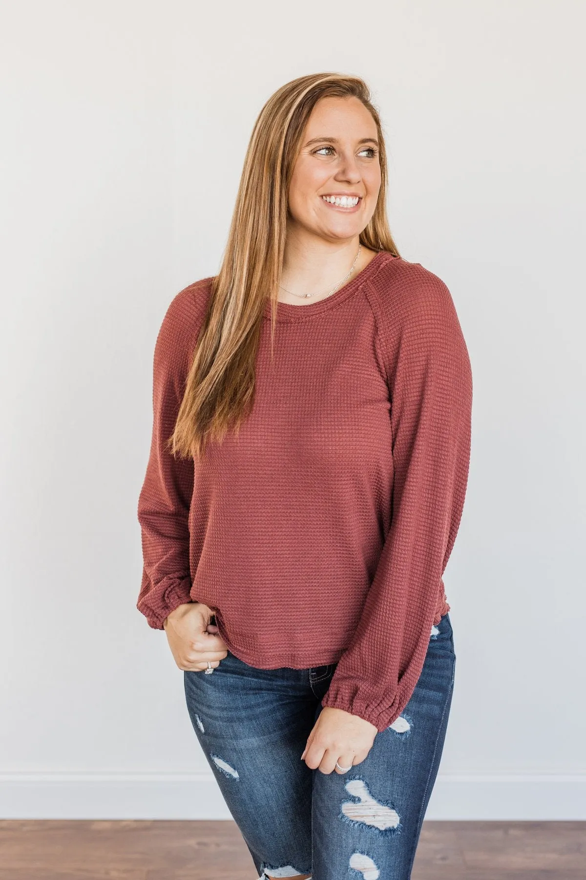 Out Of The Woods Waffle Knit Long Sleeve Top- Burgundy